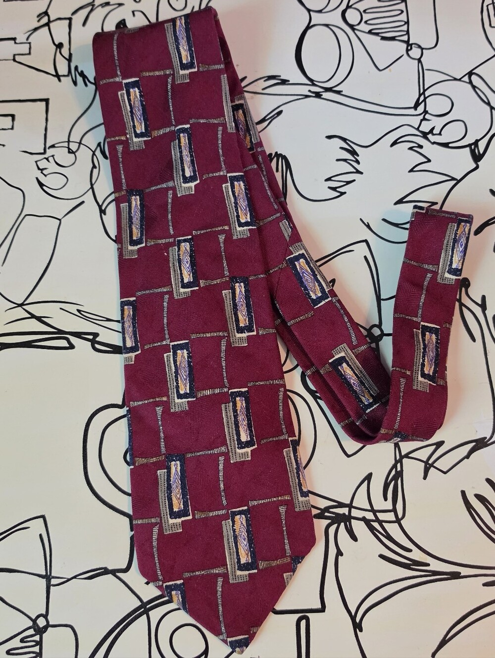 Vintage Robert Talbott Mark Shale Silk Tie Extra Long XL Geometric Burgundy 65"